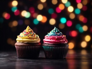 Two delightful cupcakes adorned with love-themed decorations, perfect for inviting someone to a romantic Valentine's dinner. Ample copy space available.