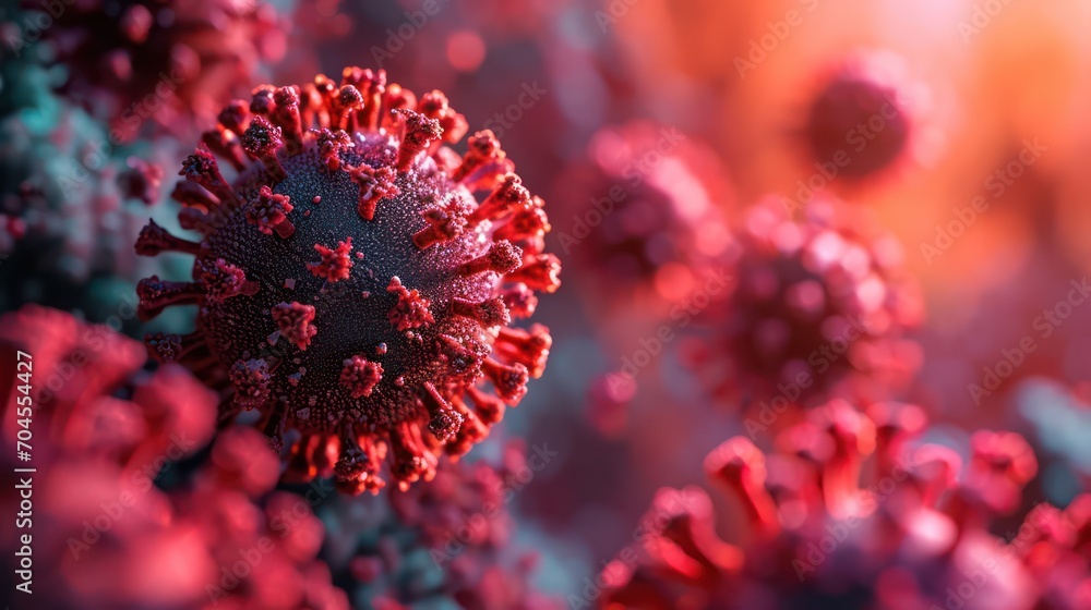 Poster 3d rendering presents a macro virus background with precision and detail.