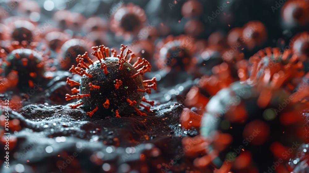 Poster macro virus background depicted through a detailed 3d rendering, designed with a focus on medical ap
