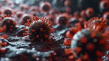 Macro virus background depicted through a detailed 3D rendering, designed with a focus on medical applications.
