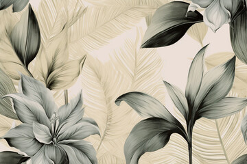 Boho style wallpaper, vintage botanical illustration of tropical leaves