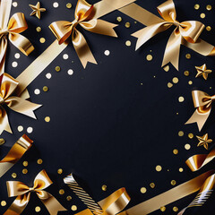 Merry Christmas and Happy New Year cover design. Black Christmas background with gold baubles, gift boxes, decorations, confetti. 