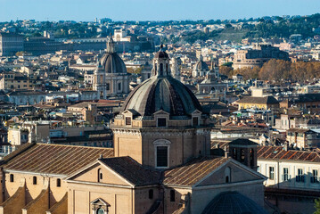 Fototapeta premium Historic Rome city skyline from the terrace of the Altare della Patria in Piazza Venezia, Rome, Lazio, Italy, Europe 