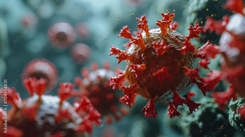 Poster macro virus background depicted through a detailed 3d rendering, designed with a focus on medical ap