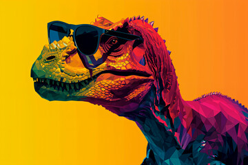 A dinosaur adorned with sunglasses, set against a solid-colored background, rendered in vector art with a digital, faceted, minimal, and abstract style.