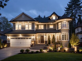 Beautiful home exterior in the evening with glowing interior lights and landscaping