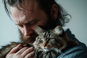 pumped up bearded man hugs his cat on a white background.