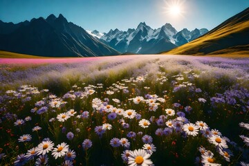 Field of flowers at mountains with beautifull view of mountain range - Generative AI 