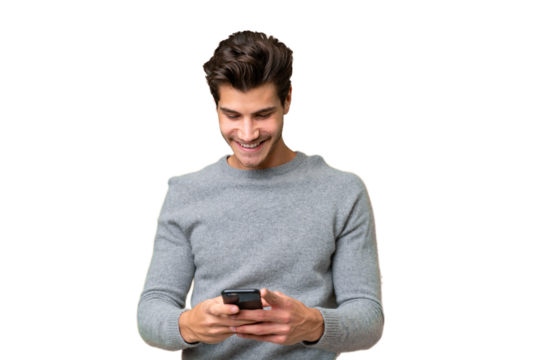 Young handsome caucasian man over isolated background sending a message with the mobile