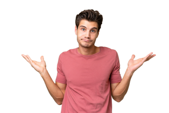 Young handsome caucasian man over isolated background having doubts while raising hands - Powered by Adobe