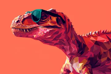 Foto op Canvas A dinosaur adorned with sunglasses, set against a solid-colored background, rendered in vector art with a digital, faceted, minimal, and abstract style. © Uliana