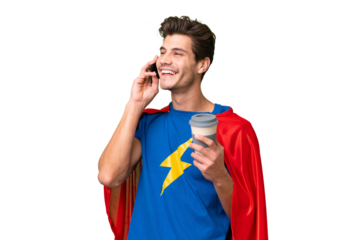 Super Hero caucasian man over isolated background holding coffee to take away and a mobile