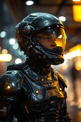 Naklejka premium A female astronaut's portrait, her face reflected in the visor of her helmet under red ambient lighting