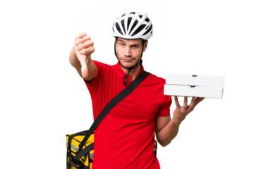 Pizza delivery man with work uniform picking up pizza boxes over isolated background showing thumb down with negative expression