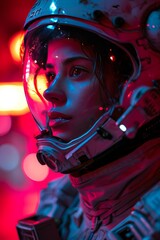 A female astronaut's portrait, her face reflected in the visor of her helmet under red ambient lighting