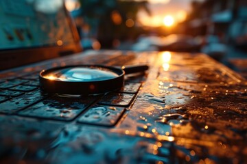 magnifying glass lies on a wet map, with the golden light of sunset reflecting in the water droplets