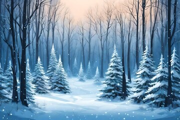 Winter forest background. Christmas trees decorated with garland lights 