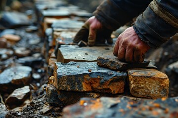 Close-up of a construction worker's hands carefully placing bricks to create a durable and well-aligned structure