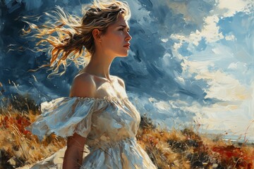 A dreamy watercolor  image captures a woman in a flowing white dress, looking out over a tumultuous sea under a stormy sky