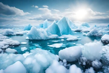 Ice Icebergs And Snow Covered Rocks Against The Sea Created With The Help Of Artificial Intelligence