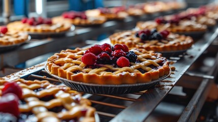 Production of bakery products at the plant using modern technologies, Pies with fruits, berries, apples. - obrazy, fototapety, plakaty