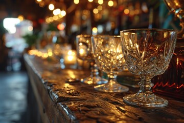 Crystal whiskey glasses on an old wooden bar counter, illuminated by warm, ambient light