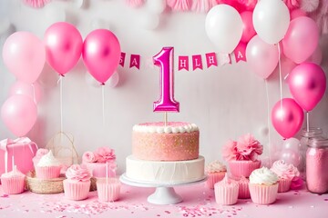Obraz na płótnie Canvas pink and white decoration for a 1st birthday cake smash studio photo shoot with balloons paper decor cake and topper high quality photo 
