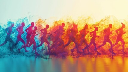 Endurance in marathon running, abstract figures of runners with elongated, fluid trails, symbolizing stamina and persistence