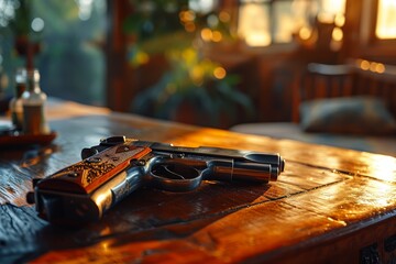 Close-Up of Handgun on Wooden Surface - obrazy, fototapety, plakaty