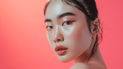 Pretty in Pink: Asian Beauty with Elegant Makeup Against a Pink Backdrop - Fashion and Glamour