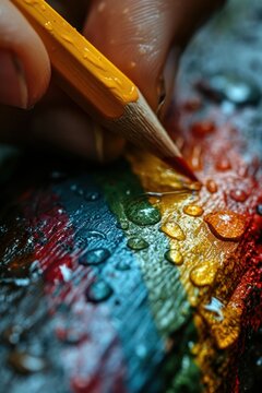 Close-up of an artist's hand brushing vivid watercolor droplets on textured paper