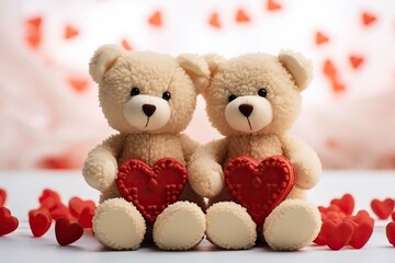 Valentines Day concept with adorable romantic plush bears with red hearts