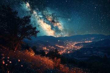 Fototapeta na wymiar Starry Night Over Mountainous Landscape at Dusk