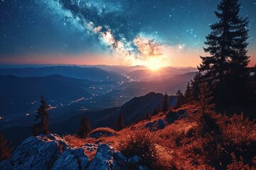  star-filled sky meeting the warm glow of a sunset over a mountainous horizon