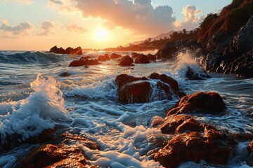 The setting sun reflects on the water among rocks at a tranquil seashore, creating a serene end to the day