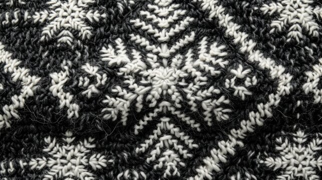 Knitted Christmas and New Year wool pattern in black and white colors. Christmas joys with knitted snowflakes. Close-up of Sweater Design.