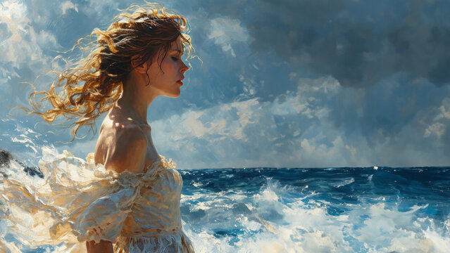 Elegant Woman Contemplating the Sea Against Stormy Skies