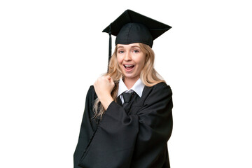 Young university English graduate woman over isolated background celebrating a victory