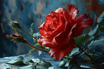 The photo shows a deep-colored rose, its petals delicate and fragrant, epitomizing botanical beauty. Perfect for an anniversary or Valentine's, it symbolizes romance and fragility in gardening