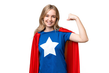 Super Hero English woman over isolated background doing strong gesture