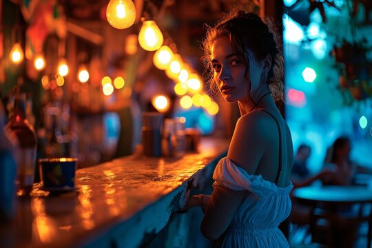 elegant young woman in a blue dress stands inside a vintage bar, her figure illuminated by the warm, ambient lighting