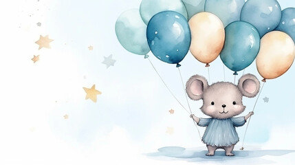 copy space, birthday card in watercolor style, pastel blue colors and golden glitters, sweet boyish mouse holding balloons. Cute birth announcement card. Template voor birth cards, cute baby announcem