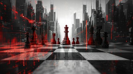 Market competition, abstract chessboard with chess pieces made of skyscrapers, symbolizing strategic business moves, monochrome with red accents