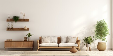 Empty farmhouse living room with white wall, wood furniture, green plants, 