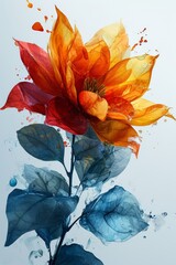 striking watercolor illustration of a blooming flower with vibrant orange petals and lush green foliage, expressing a blend of delicacy and strength