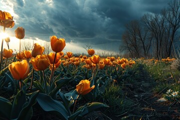 Fresh orange tulips covered in morning dew, illuminated by the first light of sunrise