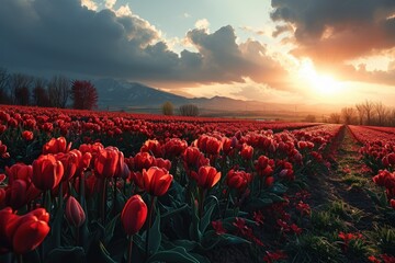 Lush red tulips basking in the warm glow of a setting sun, against a dramatic sky