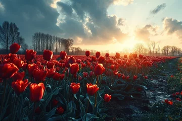 Tuinposter Sunset Over Vibrant Red Tulip Field © jechm