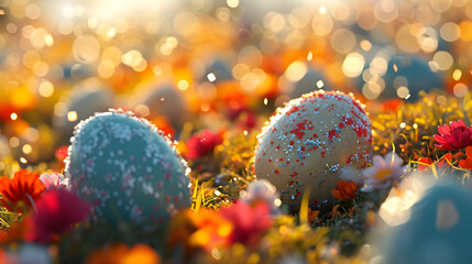 Easter eggs are lying next to colorful flower and grasses
