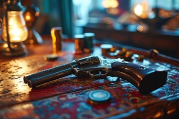 On the table, a weapon of the West: a cowboy's revolver, symbolizing an era of gun violence, crime, and colt firearm showdowns - obrazy, fototapety, plakaty